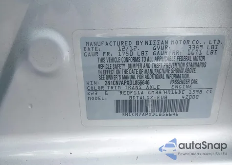 2013 Nissan Versa 1.6 Sl z USA, uszkodzony, nr VIN 3N1CN7APXDL856646